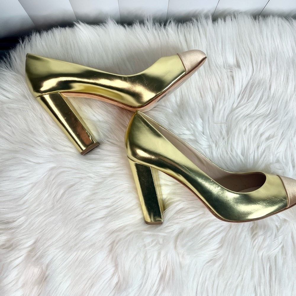 Vintage J.Crew Etta Cap-toe Gold and Tan Metallic Women's Pumps - Picture 8 of 15